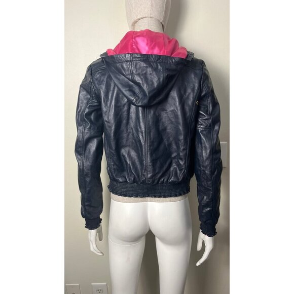 JUICY COUTURE LAMBSKIN LEATHER NAVY HOODIE JACKET XS - Picture 15 of 16